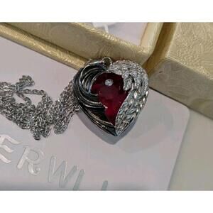 Angel Wings Guarded  Sterling 925 Red Heart Necklace  Jewelry Jerwli 18 W 2" Ext